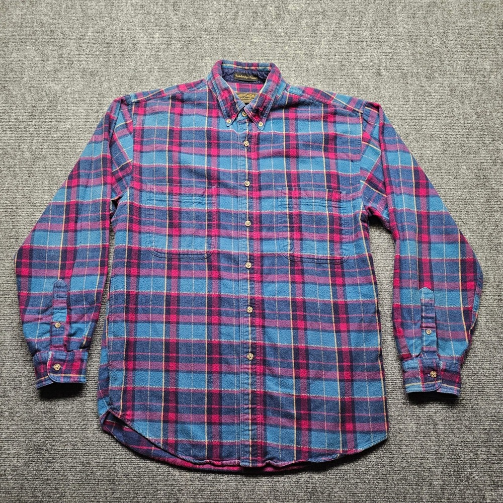 Eddie Bauer Bainbridge Flannel Mens Medium Blue Red Plaid Button Down 42-7604